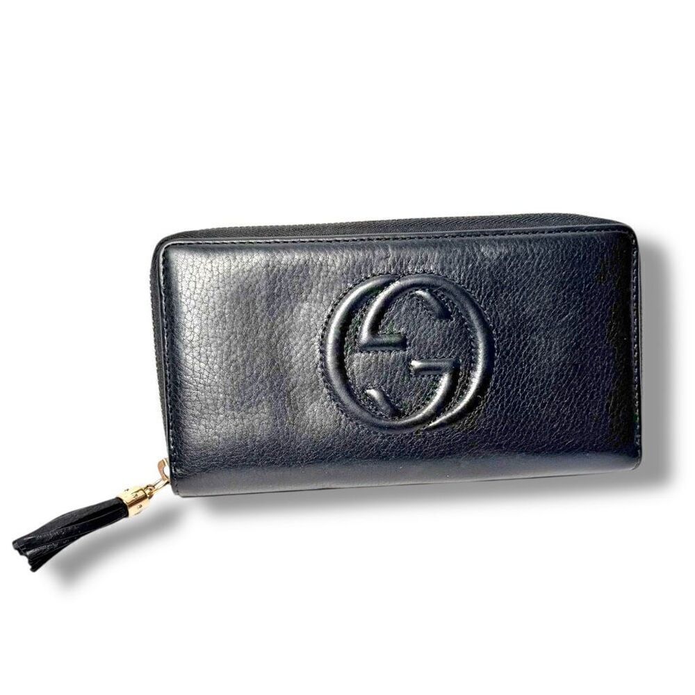 Gucci Soho Interlocking G Tassel Calfskin Leather Zip Around Long Wallet Black